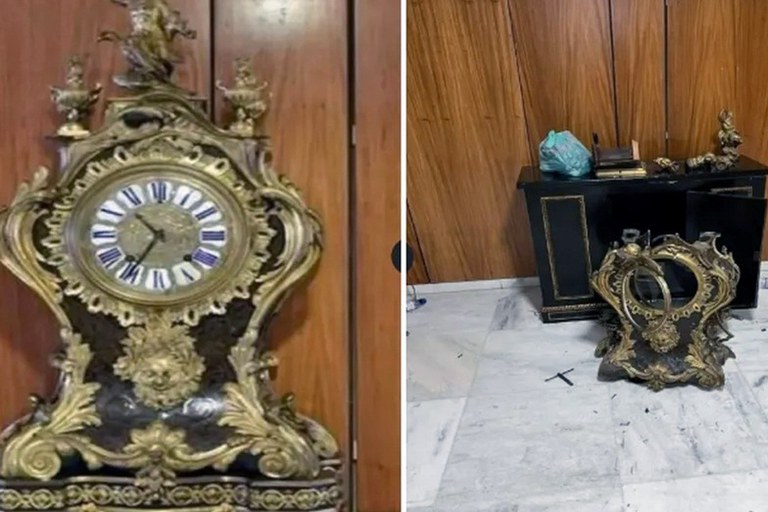 O relógio antes e depois dos atos de vandalismo. Fotos: reprodução de circuito interno de vídeo