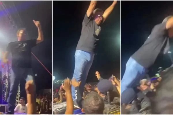 Em show, prefeito se empolga, pula na plateia e cai no chão