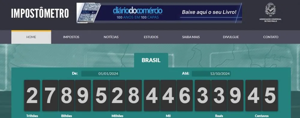 Sábado 12 de outubro e o Impostômetro alcança 2,7 trilhões de arrecadação / Reprodução / Diário do Comércio