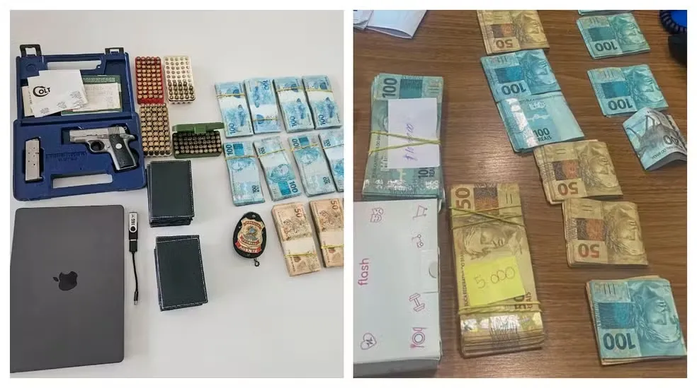 Dinheiro, arma e computador apreendidos durante a nova fase da “Operação Sem Desconto”, em São Paulo / Montagem/g1/Reprodução/TV Globo
