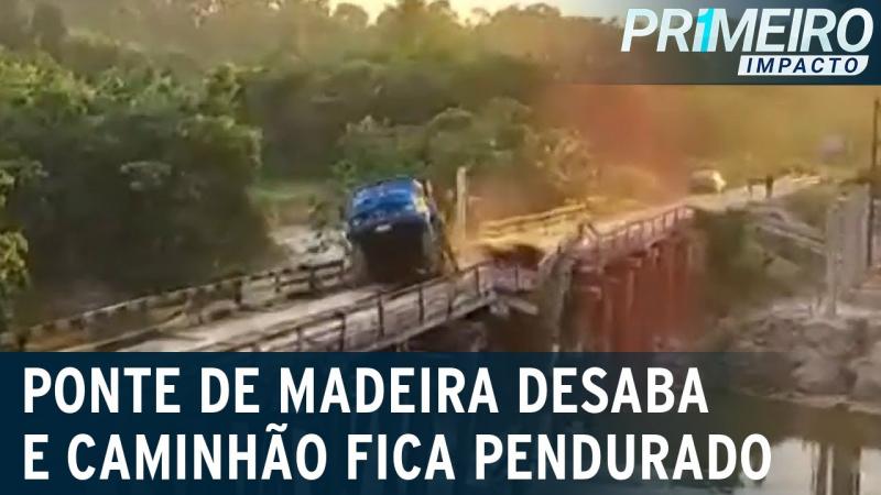 Flagra: ponte de madeira não resiste a peso de caminhão e desaba | Primeiro Impacto (24/07/23)